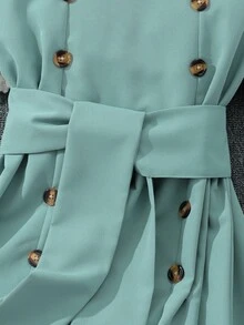 SHEIN 少女純色拼接短袖落肩連衣裙，翻領設計 - 綠色 - 查看 6
