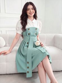 SHEIN 少女純色拼接短袖落肩連衣裙，翻領設計 - 綠色 - 查看 2