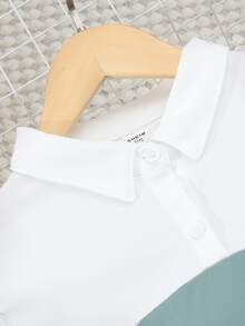 SHEIN 少女純色拼接短袖落肩連衣裙，翻領設計 - 綠色 - 查看 5