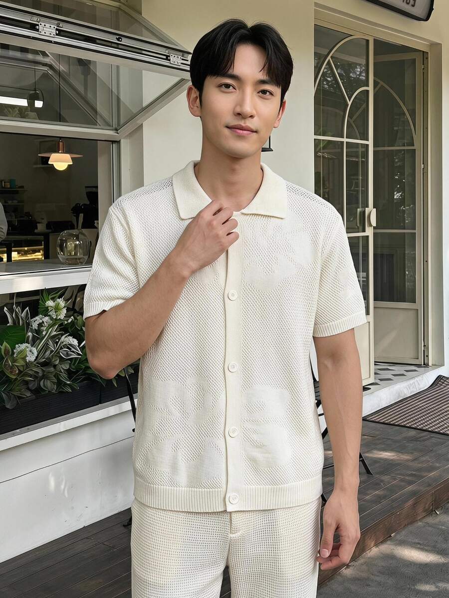 Claim Dot 男士纯色纽扣休闲百搭短袖针织上衣 - 杏色 - 查看 1