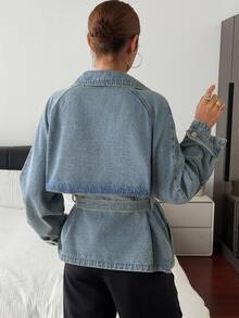 DAZY Women's Lapel Belt Decor Short Casual Denim Jacket And Coat - Light Wash - View 5