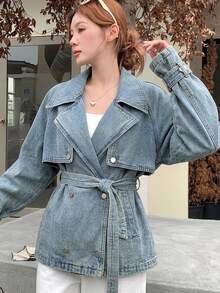 DAZY Women's Lapel Belt Decor Short Casual Denim Jacket And Coat - Light Wash - View 3