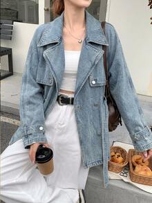 DAZY Women's Lapel Belt Decor Short Casual Denim Jacket And Coat - Light Wash - View 2