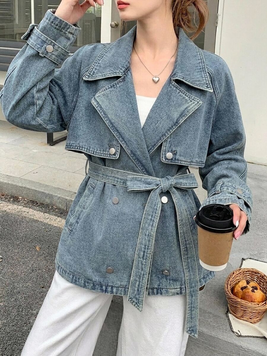 DAZY Women's Lapel Belt Decor Short Casual Denim Jacket And Coat - Light Wash - View 1