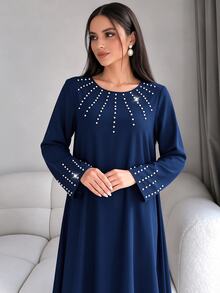 Mulvari Al Najma Loose Fit V-Neck Long Sleeve Formal Modest Dress Ribbon Decor Christening Blue Green Party Confirmation Christmas Fall - Navy Blue - View 2