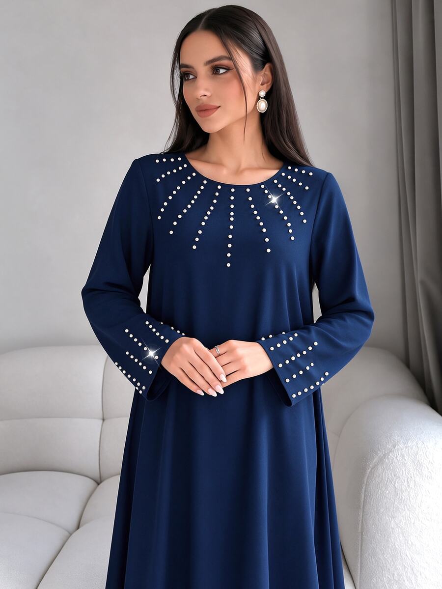 Mulvari Al Najma Loose Fit V-Neck Long Sleeve Formal Modest Dress Ribbon Decor Christening Blue Green Party Confirmation Christmas Fall