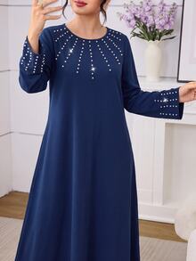Mulvari Al Najma Loose Fit V-Neck Long Sleeve Formal Modest Dress Ribbon Decor Christening Blue Green Party Confirmation Christmas Fall - Navy Blue - View 3