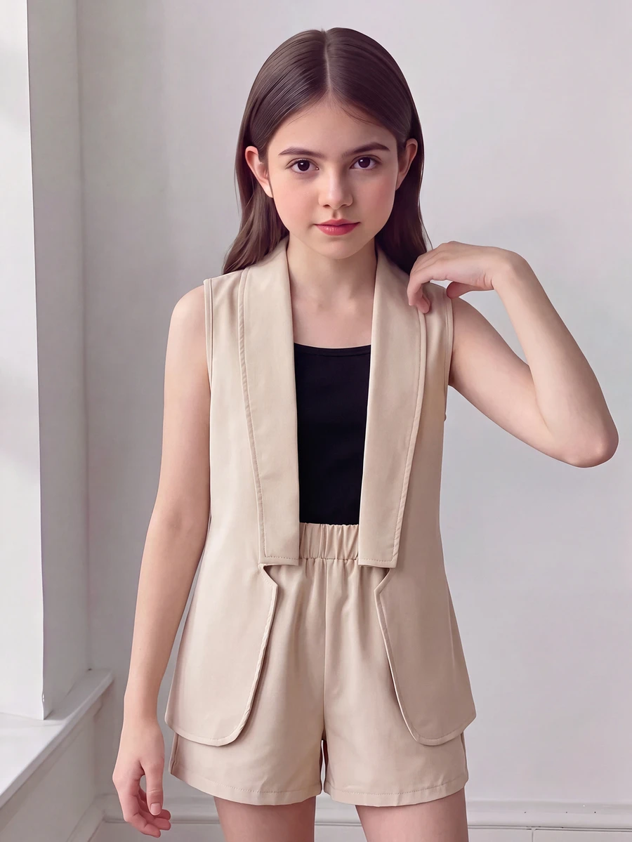 SHEIN Tween Girl Solid Cami Top & Shorts & Vest Coat - Multicolor - View 1