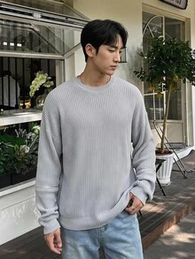 Claim Dot Áo len cổ tròn thả vai màu trơn thường ngày cho nam, mùa thu/đông - Xám - Xem 1