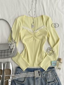 Attitoon Women's Lace Patchwork Casual Daily Long Sleeve T-Shirt - Light Yellow - View 7