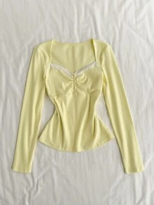 Attitoon Women's Lace Patchwork Casual Daily Long Sleeve T-Shirt - Light Yellow - View 2