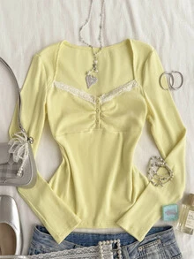 Attitoon Women's Lace Patchwork Casual Daily Long Sleeve T-Shirt - Light Yellow - View 5