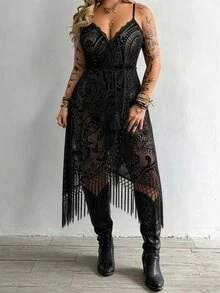 Whyspr Plus Size Women's Sexy Mesh Flocked Patchwork Tassel Design Sleeveless Drawstring Waist Dress - Black - View 7