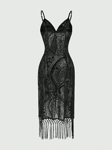Whyspr Plus Size Women's Sexy Mesh Flocked Patchwork Tassel Design Sleeveless Drawstring Waist Dress - Black - View 2