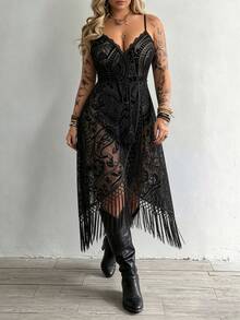 Whyspr Plus Size Women's Sexy Mesh Flocked Patchwork Tassel Design Sleeveless Drawstring Waist Dress - Black - View 6
