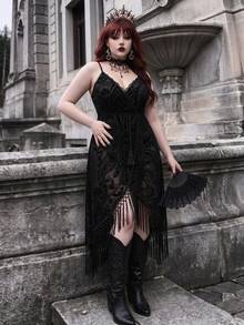 Whyspr Plus Size Women's Sexy Mesh Flocked Patchwork Tassel Design Sleeveless Drawstring Waist Dress - Black - View 1