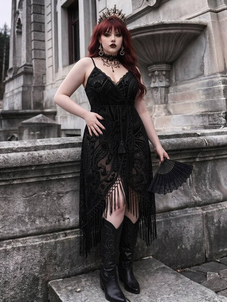 Whyspr Plus Size Women's Sexy Mesh Flocked Patchwork Tassel Design Sleeveless Drawstring Waist Dress - Black - View 1