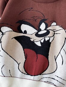 LOONEY TUNES X SHEIN 兒童小男孩休閒學院運動街頭酷感百搭棕色卡通大圖案圓領寬鬆長袖套頭針織衫 秋冬萬聖節 - 棕色 - 查看 4