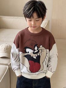 LOONEY TUNES X SHEIN 兒童小男孩休閒學院運動街頭酷感百搭棕色卡通大圖案圓領寬鬆長袖套頭針織衫 秋冬萬聖節 - 棕色 - 查看 1