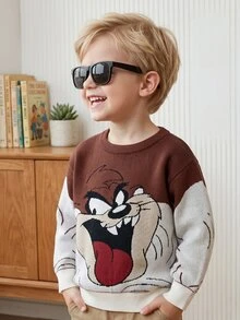 LOONEY TUNES X SHEIN 兒童小男孩休閒學院運動街頭酷感百搭棕色卡通大圖案圓領寬鬆長袖套頭針織衫 秋冬萬聖節 - 棕色 - 查看 6