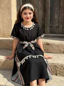SHEIN Tween Girls' Vacation Casual Geometric Print Patchwork Fringe Decor Dress - Black - View 3