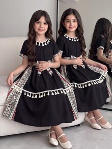SHEIN Tween Girls' Vacation Casual Geometric Print Patchwork Fringe Decor Dress - Black - View 5