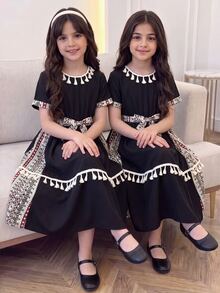 SHEIN Tween Girls' Vacation Casual Geometric Print Patchwork Fringe Decor Dress - Black - View 7