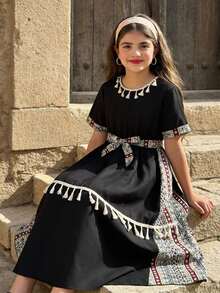 SHEIN Tween Girls' Vacation Casual Geometric Print Patchwork Fringe Decor Dress - Black - View 2