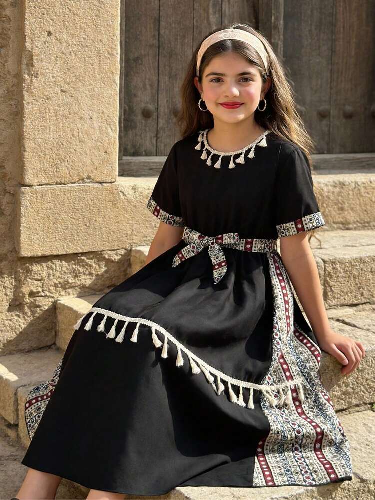 SHEIN Tween Girls' Vacation Casual Geometric Print Patchwork Fringe Decor Dress - Black - View 2