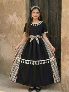 SHEIN Tween Girls' Vacation Casual Geometric Print Patchwork Fringe Decor Dress - Black - View 1