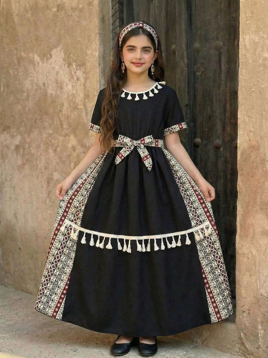 SHEIN Tween Girls' Vacation Casual Geometric Print Patchwork Fringe Decor Dress - Black - View 1