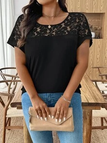 Weeklong Plus Size Women's Round Neck Short Sleeve Hollow Design Elegant Casual Commuter T-Shirt, Flattering For Summer - Black - View 4