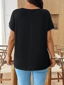 Weeklong Plus Size Women's Round Neck Short Sleeve Hollow Design Elegant Casual Commuter T-Shirt, Flattering For Summer - Black - View 2