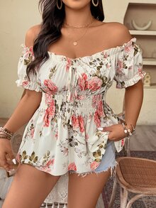 Weeklong Plus Size Women Off-Shoulder Cinched Waist Floral Print Elegant Boho Bohemian Blouse Top, Date Night Vacation, Spring/Summer White - Multicolor - View 7