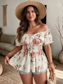 Weeklong Plus Size Women Off-Shoulder Cinched Waist Floral Print Elegant Boho Bohemian Blouse Top, Date Night Vacation, Spring/Summer White - Multicolor - View 1