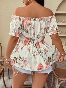 Weeklong Plus Size Women Off-Shoulder Cinched Waist Floral Print Elegant Boho Bohemian Blouse Top, Date Night Vacation, Spring/Summer White - Multicolor - View 2