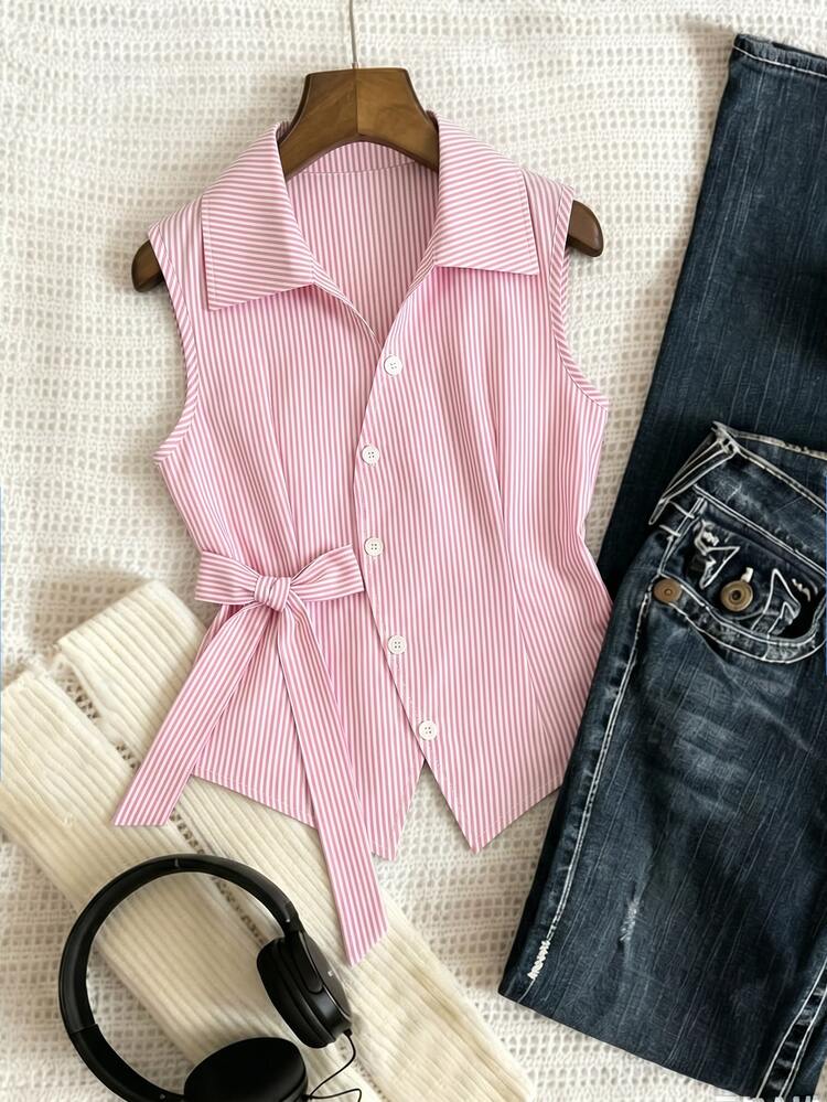 SHEIN Tween Girls Pink And White Striped Bow Decor Casual Preppy Shirt Back To School Summer Outfit Comfortable Minimalist Vacation Cute Vintage Fitted - Pink - View 6