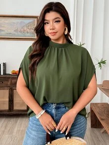 Weeklong Plus Size Women's Mandarin Collar Ruched Batwing Sleeve Textured Fabric Elegant Blouse For Outing And Party Fall - Army Green - View 7