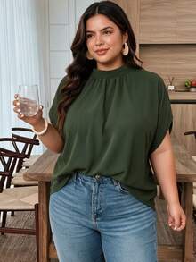 Weeklong Plus Size Women's Mandarin Collar Ruched Batwing Sleeve Textured Fabric Elegant Blouse For Outing And Party Fall - Army Green - View 1