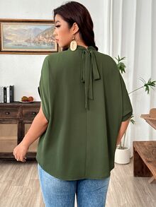 Weeklong Plus Size Women's Mandarin Collar Ruched Batwing Sleeve Textured Fabric Elegant Blouse For Outing And Party Fall - Army Green - View 2
