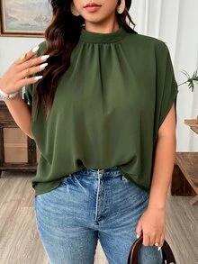 Weeklong Plus Size Women's Mandarin Collar Ruched Batwing Sleeve Textured Fabric Elegant Blouse For Outing And Party Fall - Army Green - View 6