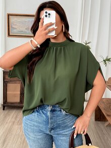 Weeklong Plus Size Women's Mandarin Collar Ruched Batwing Sleeve Textured Fabric Elegant Blouse For Outing And Party Fall - Army Green - View 4