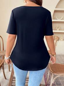 Weeklong Plus Size Women V-Neck Solid Color Zip-Up Short Sleeve Fitted T-Shirt, Going Out Tops For Summer - Navy Blue - View 2