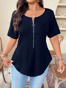 Weeklong Plus Size Women V-Neck Solid Color Zip-Up Short Sleeve Fitted T-Shirt, Going Out Tops For Summer - Navy Blue - View 4