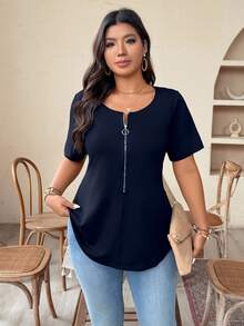 Weeklong Plus Size Women V-Neck Solid Color Zip-Up Short Sleeve Fitted T-Shirt, Going Out Tops For Summer - Navy Blue - View 5