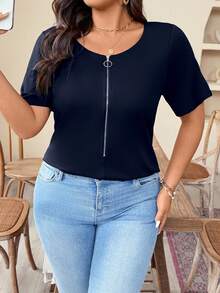 Weeklong Plus Size Women V-Neck Solid Color Zip-Up Short Sleeve Fitted T-Shirt, Going Out Tops For Summer - Navy Blue - View 7