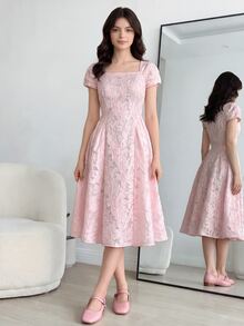 SHEIN Pastel Pink Summer Elegant Graduation Formal College Dress Teen Girls Square Neck Short Sleeve Plant Pattern Princess Midi A Line Flared Wedding - Pink - View 3