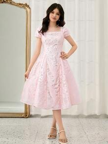 SHEIN Pastel Pink Summer Elegant Graduation Formal College Dress Teen Girls Square Neck Short Sleeve Plant Pattern Princess Midi A Line Flared Wedding - Pink - View 4