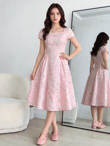 SHEIN Pastel Pink Summer Elegant Graduation Formal College Dress Teen Girls Square Neck Short Sleeve Plant Pattern Princess Midi A Line Flared Wedding - Pink - View 2