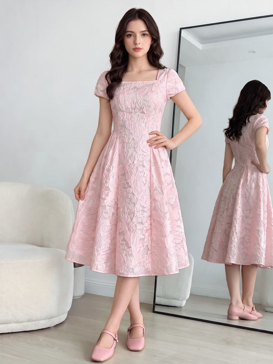 SHEIN Pastel Pink Summer Elegant Graduation Formal College Dress Teen Girls Square Neck Short Sleeve Plant Pattern Princess Midi A Line Flared Wedding